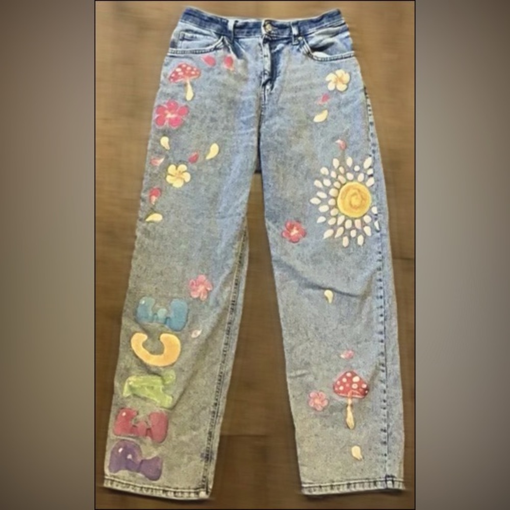 Wild Fable PEACE OversizedJeans 10 🌸 BOHO Happy Hippie Jeans! fits like 12 -14
